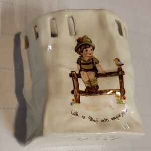 Ceramic Holder with Boy and Bird Design 1986